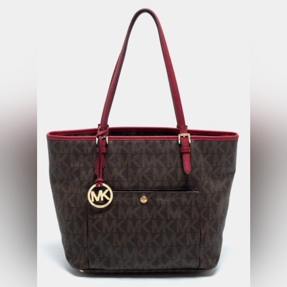 MICHAEL KORS JET SET SIGNATURE TOTE IN BROWN LOGO WITH CHERRY LEATHER TRIM